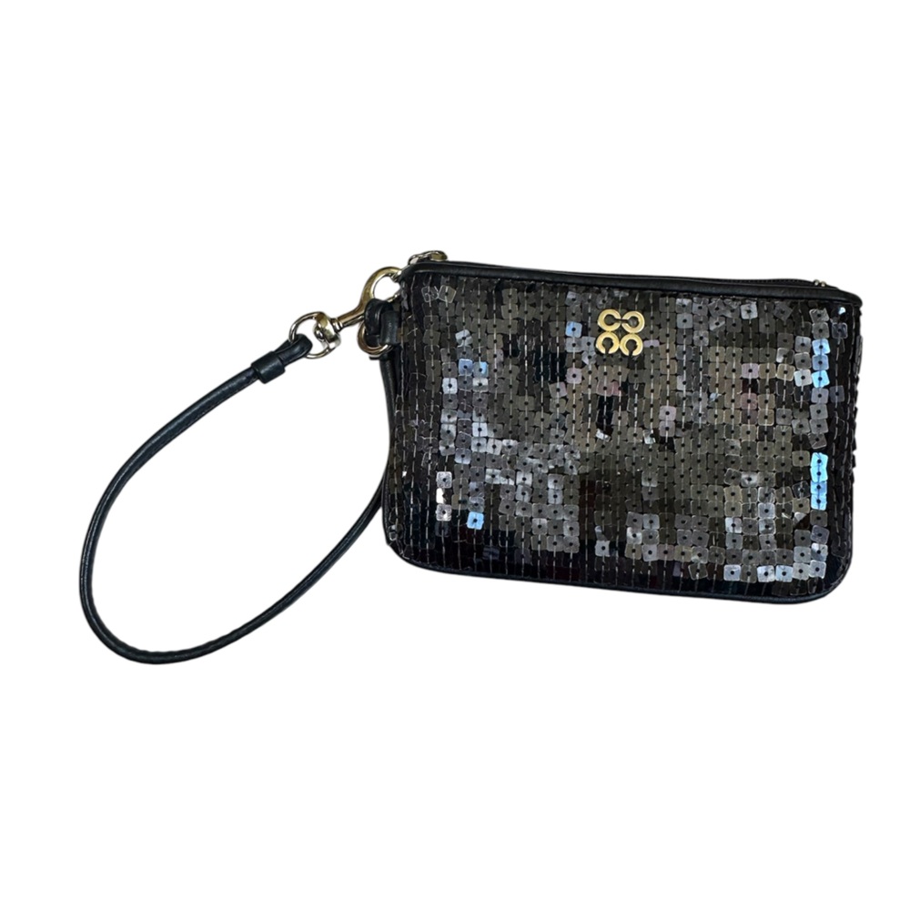 Coach Sequin Wristlet Wallet Clutch Bag Leather  Black Silver Evening Zip Tech